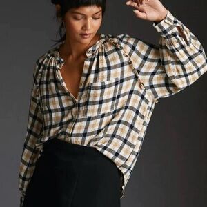 Pilcro Anthropologie Check Button Down Ruffle Shirt Size Large